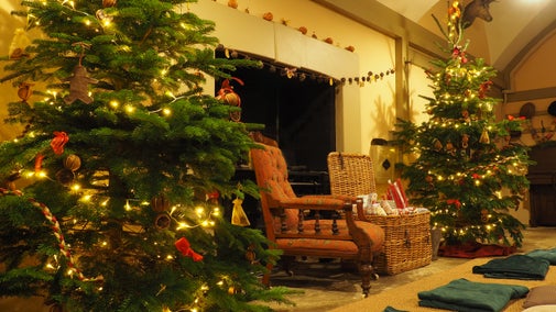 two arm chairs seated in front of a fire with christmas trees traditionally decorated either side